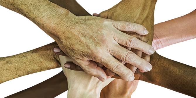 hands of different ages and races layered on top of each other